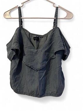 Bebe Chambray Cold Shoulder Ruffle Top Medium